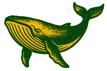 Obraz premium Distressed Green and Yellow Whale Illustration on Transparent Background Maritime Theme