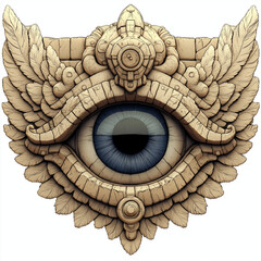 Ornate eye sculpture with wings and stone details on a white background