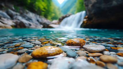 Flowing waterfall and pebble stream mountainous landscape nature photography serene environment close-up perspective tranquility