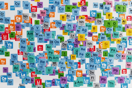 Science And Knowledge Concept. Colorful Floating Chemical Elements From Periodic Table Scattered In Abstract Space. 3d Rendering