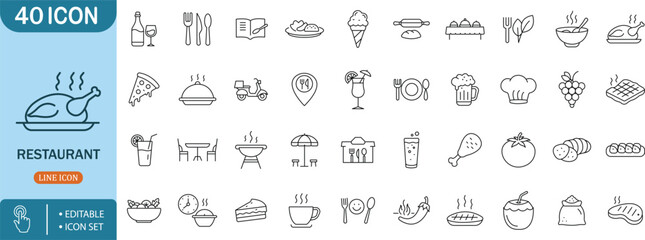 Restaurant Icon Set, Food, Dining, Meal, Kitchen, Cooking, Drink, Hospitalityrestaurant,food,meal,dining,kitchen,cooking,drink,chef,menu,delivery,plate,utensils,cutlery,beverage,coffee,tea,juice,barbe