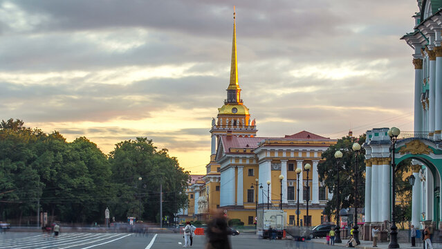 Building of naval engineering Institute Admiralty on Palace square timelapse hyperlapse. St.Petersburg, Russia