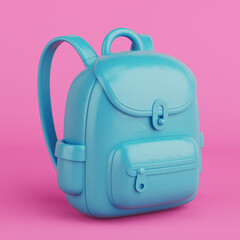 Education And Childhood Concept. Blue Cartoon Backpack Icon With Pockets And Zipper in Duotone Style. 3d Rendering