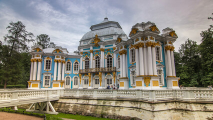 Hermitage pavilion timelapse hyperlapse in Catherine park in Tsarskoe Selo near Saint Petersburg,...