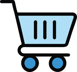 Stylized Blue Shopping Cart Icon with Black Outline and Wheels Depicted on White