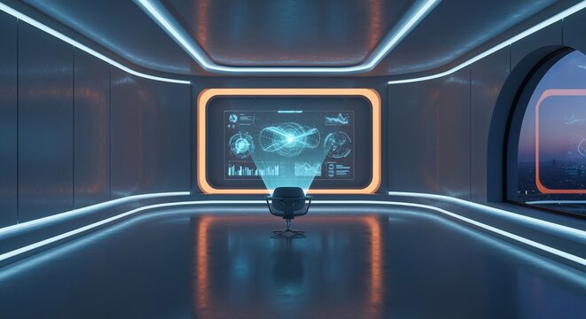 Futuristic Interior with Hologram Display and Chair