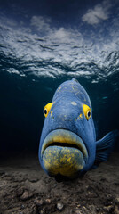 A funny underwater portrait of a large blue fish with yellow eyes