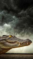 A dramatic close-up portrait of a crocodile under a stormy sky, phone wallpaper