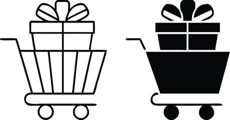 Purchase Gift Icons. Black and White Vector Icons. Shopping Cart and Gift Box with Bow. Holiday and Shopping Concept
