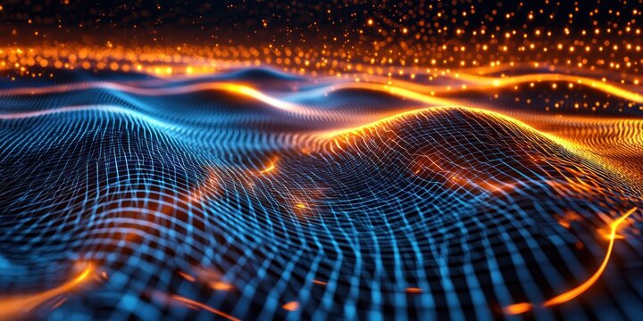 A futuristic concert scene where sound vibrations appear as glowing, moving energy fields