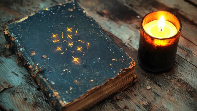 Enchanting candlelight illuminating an ancient book with star patterns on the cover in a rustic setting