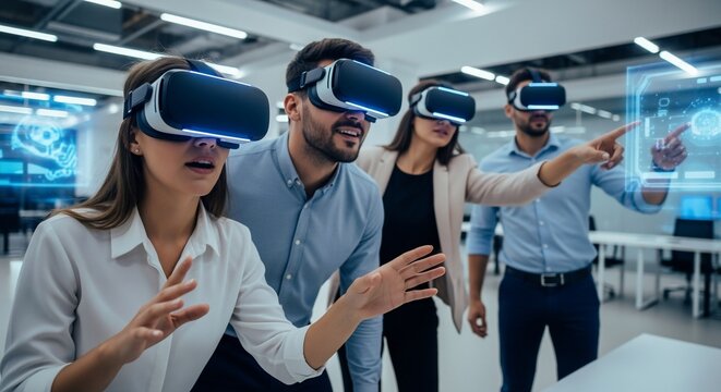 Group experiencing virtual reality with VR headsets in modern office.