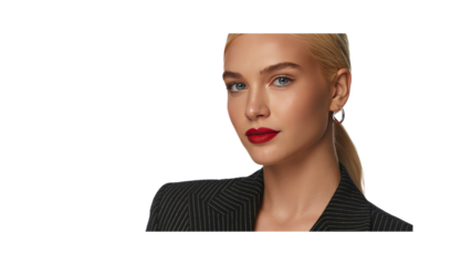 Confident Blonde Woman in Pinstripe Blazer with Red Lipstick