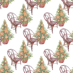 Watercolor seamless pattern with Christmas tree with gingerbread in wicker basket and chair on white background. Forest evergreen fir or pine for card. New Year celebration wrapping and wallpaper