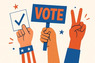 Hands holding a vote sign and a ballot with a checkmark and victory sign