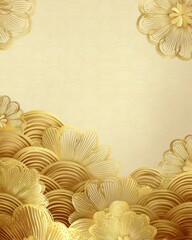 Serene Japanese water wave patterns with stippled lotus petals on cream-gold gradient, tactile embossed surface ideal for premium corporate invitations, Mid-Autumn Festival socialmedia campaigns

