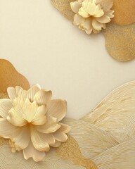 Layered gold foil lotus petals cascade over cream gradient waves, Japanese-inspired water patterns with embossed texture create elegant branding socialmedia background for luxury wedding promotions