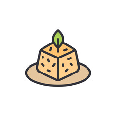 Delicious Cubical Dessert With Leaf Topping On An Earthenware Plate