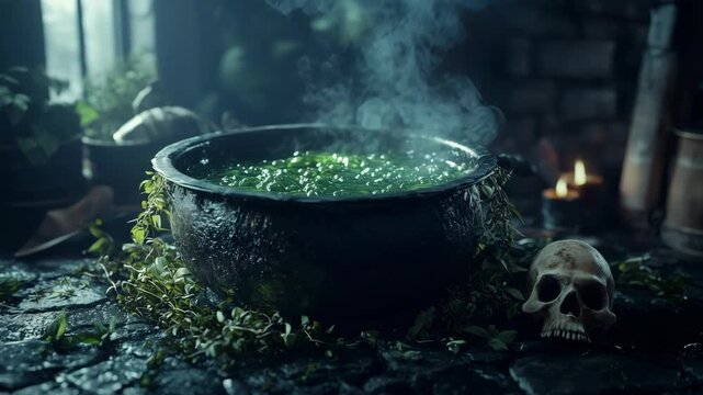 Mysterious cauldron bubbling with green liquid in a dimly lit room filled with herbs and mystical artifacts