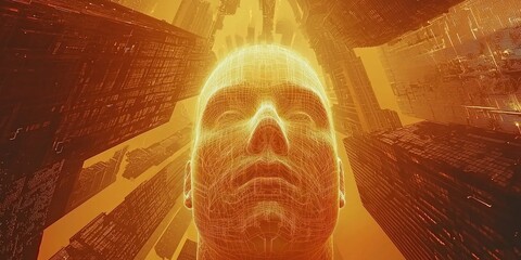 A futuristic double exposure of skyscrapers intertwined with glowing neural circuits