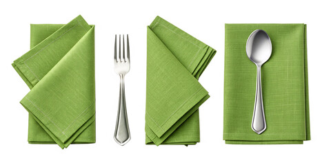 Green Linen Napkin with Fork and Spoon Isolated on Transparent Background
Collection of Table Setting Elements – Green Napkin, Fork, and Spoon with Clipping Path