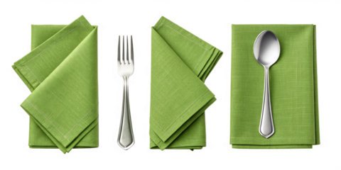 Green Linen Napkin with Fork and Spoon Isolated on Transparent Background
Collection of Table Setting Elements – Green Napkin, Fork, and Spoon with Clipping Path