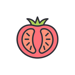 Illustration Of A Sliced Tomato With Green Stem And Seeds Visible