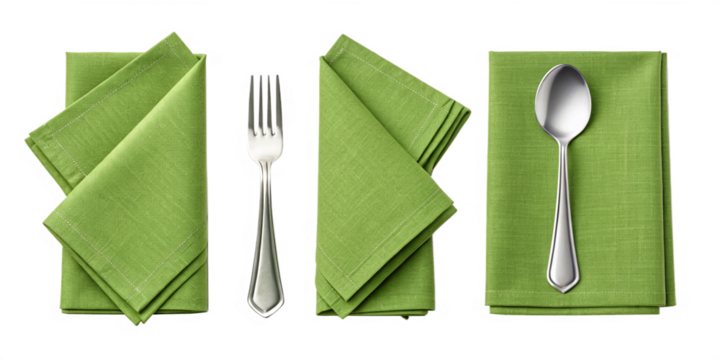 Green Linen Napkin with Fork and Spoon Isolated on Transparent Background
Collection of Table Setting Elements – Green Napkin, Fork, and Spoon with Clipping Path