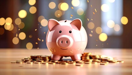 Pink piggy bank with gold coins