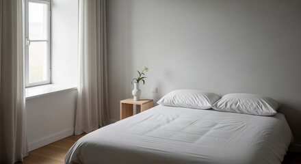 Minimalist Bedroom Interior with Bed, Window, and Vase.