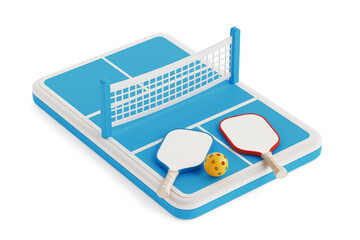 Sport And Recreation Concept. Mini Pickleball Court With Paddles, Net And Perforated Ball. 3d Rendering