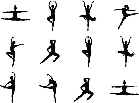 Collection of ballerina silhouettes in various poses on a white background art