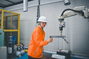 Robotic machine enginee is testing the operation of the robot arm manufacturing machine
