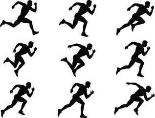 A grid of nine black silhouette illustrations of a man running against a white background