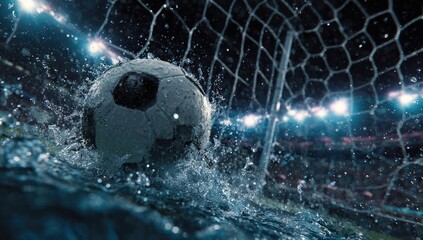 Wet soccer ball entering goal net during a night game, water splashing, bright stadium lights
