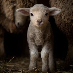 Obraz premium Baby Lamb’s Curious Stare with Mom Behind