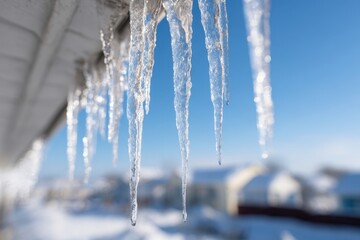 Detailed look at transparent icicles dangling from a roof