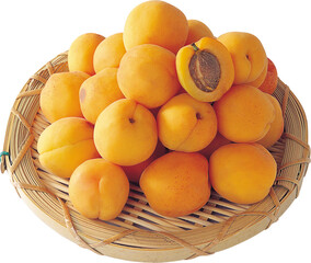A bountiful harvest of ripe juicy apricots piled high in a rustic woven basket one fruit halved to reveal its seed isolated on transparent background