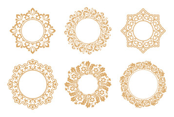 Set of decorative frames Elegant vector element for design in Eastern style, place for text. Floral golden and white borders. Lace illustration for invitations and greeting cards