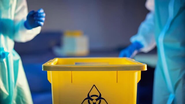 Biohazard waste medical container handled by staff protective gloves and gowns, medical staff managing biohazard waste container