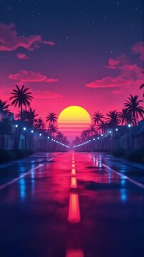 Retro futuristic street with palm trees and sunset for a Miami vibe scene