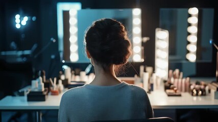 Transformation process in a beauty studio with makeup artist preparing for a professional session at night