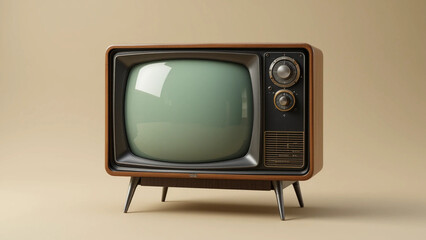 Vintage Television Set on Beige Background. Retro Mid-Century Modern TV. Classic Old-Fashioned Television. Nostalgic Wooden TV Receiver. Isolated Retro Television Object