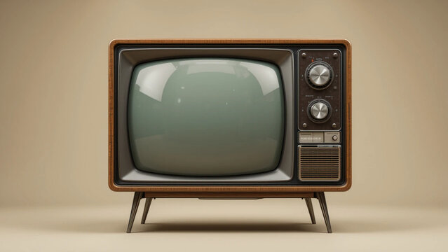 Vintage Television Set on Beige Background. Retro Mid-Century Modern TV. Classic Old-Fashioned Television. Nostalgic Wooden TV Receiver. Isolated Retro Television Object