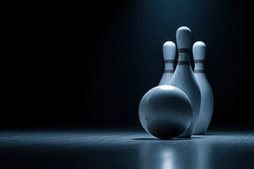A bowling ball sits in front of three bowling pins on a wooden floor The scene is dimly lit against a black background