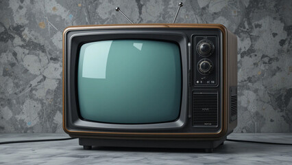 Vintage Television Set on Beige Background. Retro Mid-Century Modern TV. Classic Old-Fashioned Television. Nostalgic Wooden TV Receiver. Isolated Retro Television Object