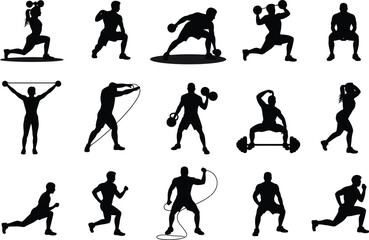 Obraz premium Silhouette illustrations showing various fitness exercises and workout positions on white