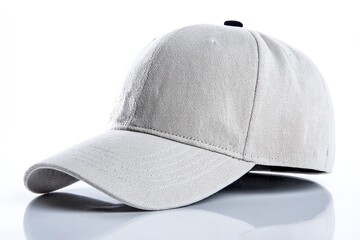 Fototapeta premium A gray baseball cap rests on a reflective surface with a white background showcasing its curved brim and design