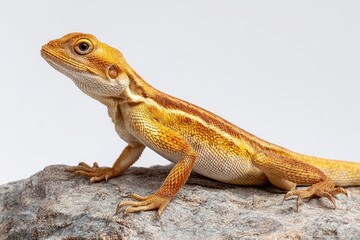 Fototapeta premium A lizard rests on a gray rock its golden scales glistening under the light against a bright background