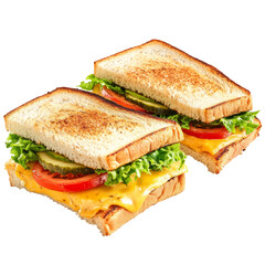 Grilled Cheese Sandwich With Lettuce, Tomato, And Pickle On White Background.